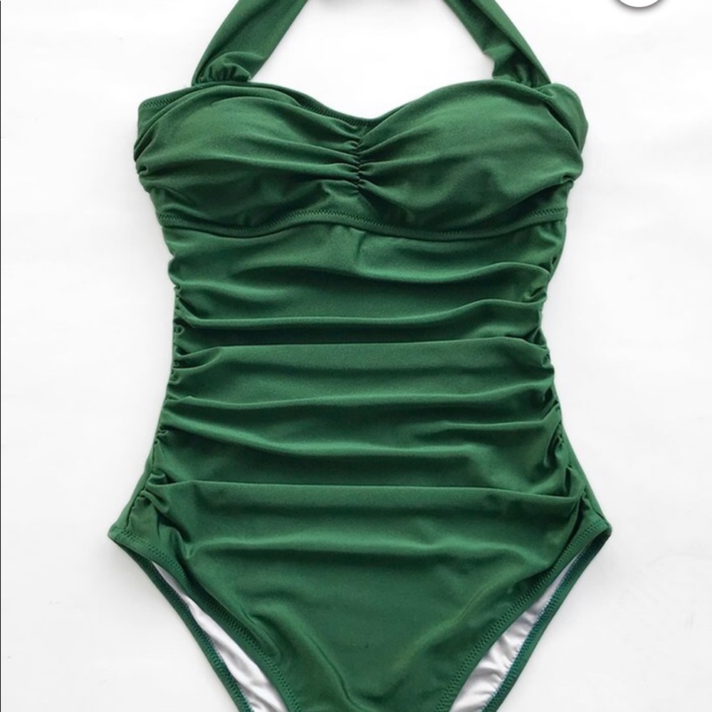 FOREST GREEN SHIRRING ONE-PIECE SWIMSUIT